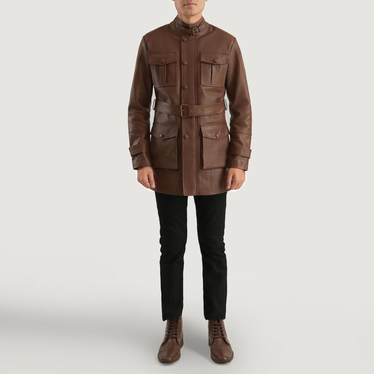 Mens Dolf Brown Leather Jacket Full Length-2-1701089143332